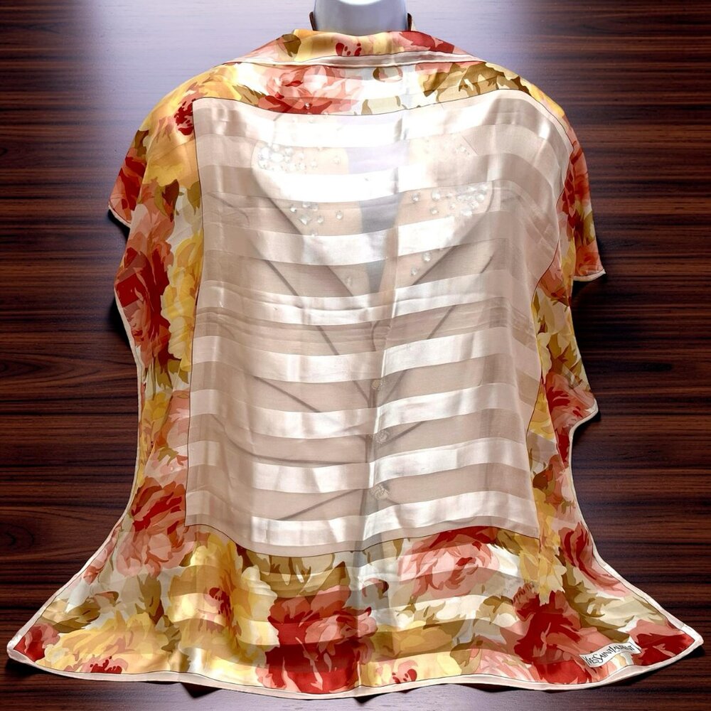 Yves Saint Laurent Scarf Chiffon/Satin Lg 34" 100% Silk light pink Floral (31 - Picture 13 of 13